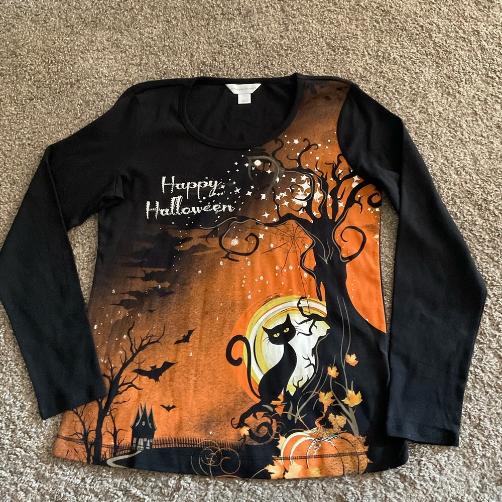 Halloween Pumpkin Black Cat Scary Long Sleeve Top S